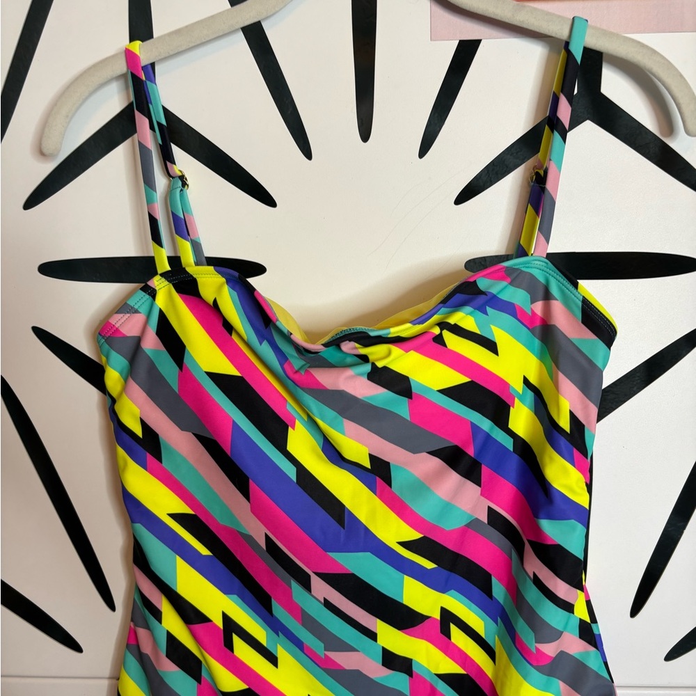 NWT RELLECIGA Bandeau One-Piece Swimsuit Neon Stripes Size L - Picture 3 of 12